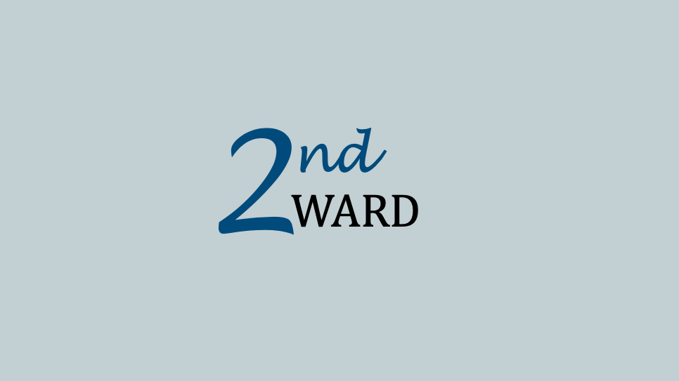 2nd Ward written out in dark blue on a light blue background