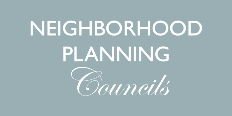 Neighborhood planning councils typed in white on a gray background