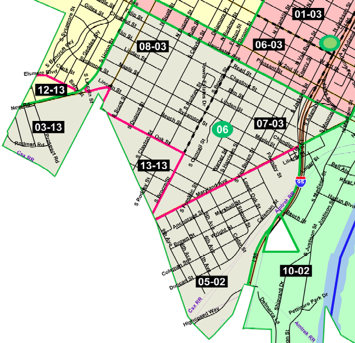 A map outlining the boundaries of the 6th Ward