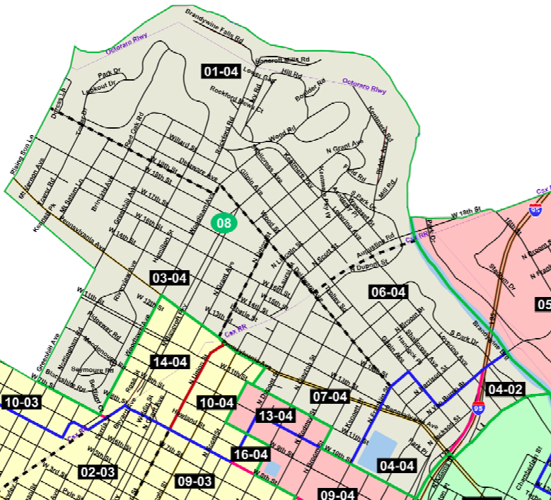 A map outlining the boundaries of the 8th Ward