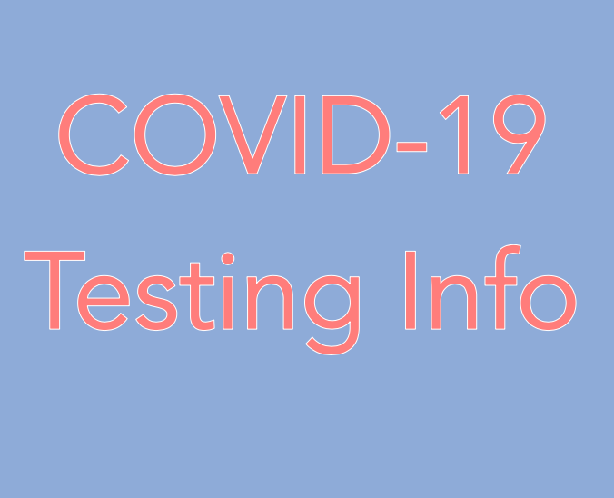 COVID-19 Testing Info in pale red wording on a light blue background